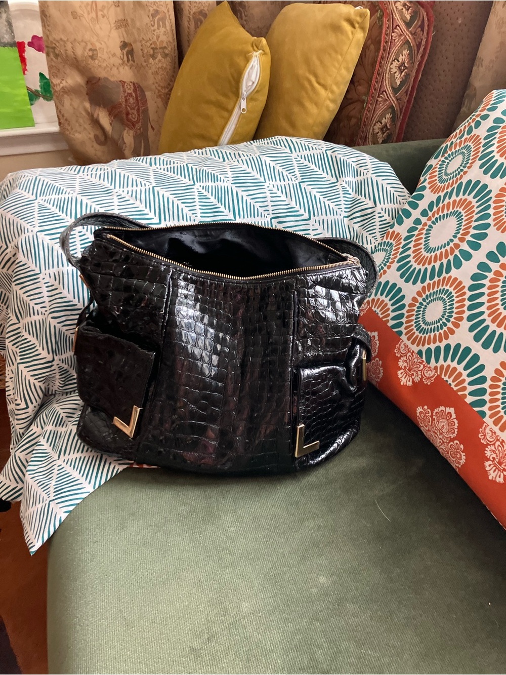 Michael Kors Black Croc-Embossed Shoulder Bag+free goodies